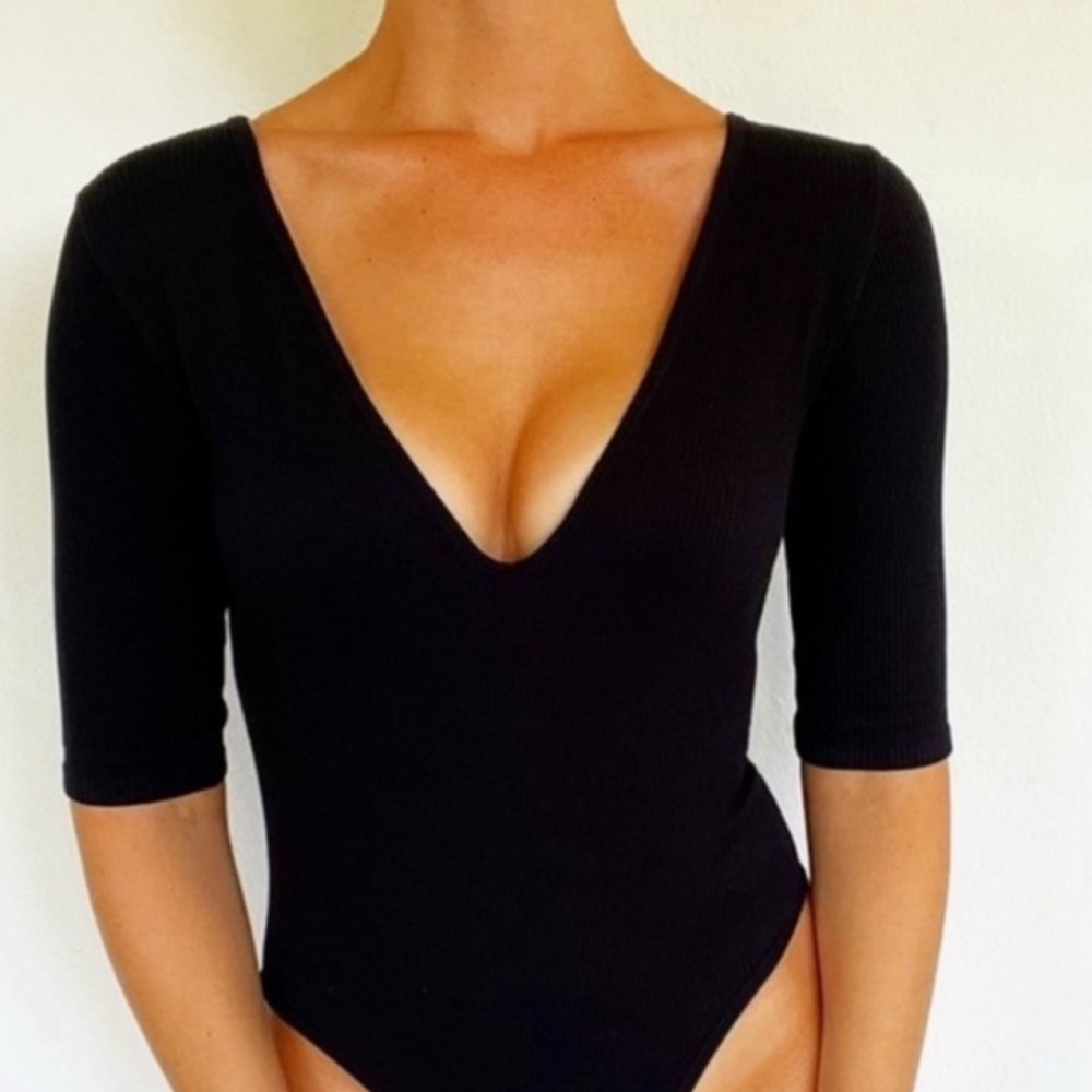 ZARA black limitless contour stretch ribbed low scoop neck bodysuit size XS/S